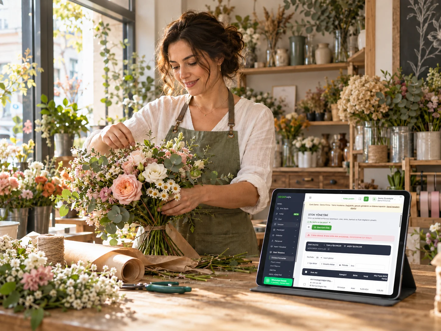 Çiçeklerini hazırlayan çiçekçi ve tezgâhındaki tablet