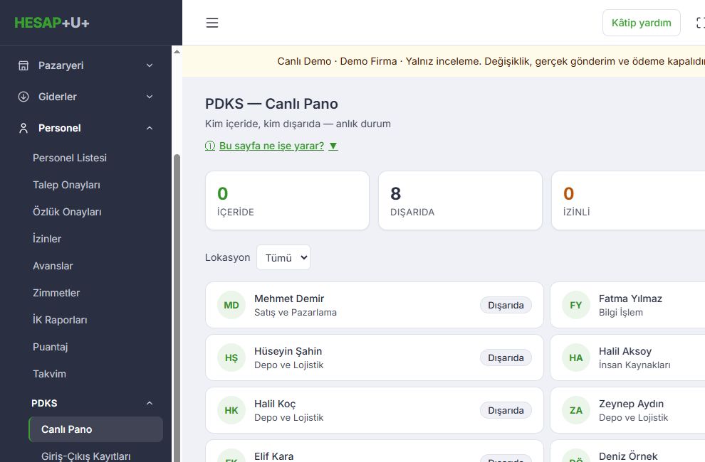 Gerçek uygulamadan PDKS canlı pano; örnek demo verileri